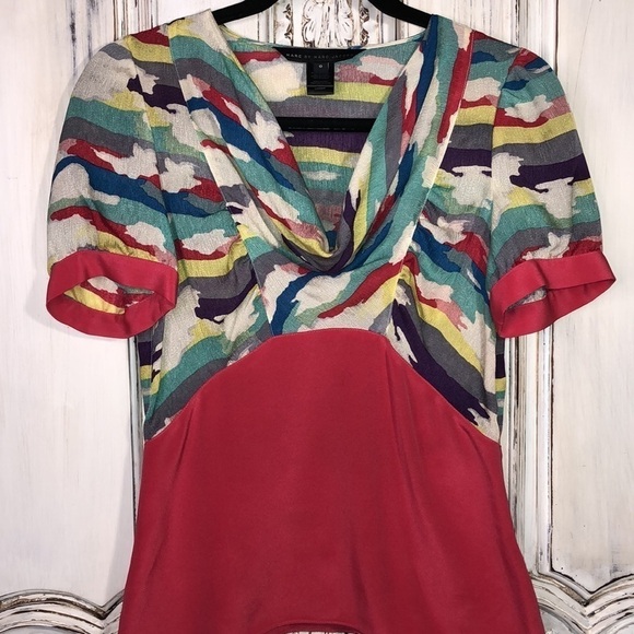 Marc by Marc Jacobs Short Sleeve Peplum Cut Multi Color 100% Silk Blouse - Picture 3 of 6